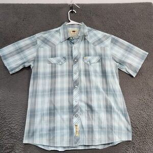 Larry Mahan Shirt Mens XL Blue Plaid Western Pearl Snap Short Sleeve Cowboy